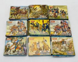 A collection of nine boxed Airfix historical plastic model figurine packs (1:76 Scale) including