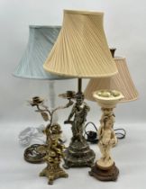 Three vintage lamps along with a candelabra, height of tallest lamp 66cm.