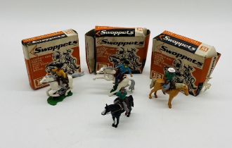 Three boxed Britains Swoppets cowboy model figures including Cowboy Prisoner Mounted (640 - box A/
