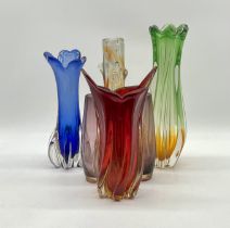 A collection of art glass vases including knobbly glass