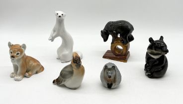 A collection of USSR animals comprising of two bears, waxwing, ermine, hedgehog and lion