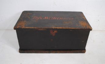 A vintage painted wooden trunk, named to 'H K Wilkinson' - length 74cm, depth 41cm, height 33cm