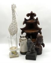 An assorted lot including a resin horse head , a corner shelf, a wooden owl, a Denby coffee pot etc