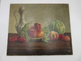 An unframed oil on canvas still life of fruit