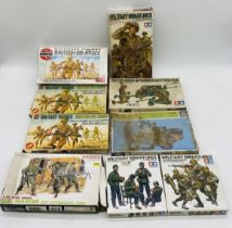 A collection of nine boxed military miniatures plastic model sets including four by Tamiya (German