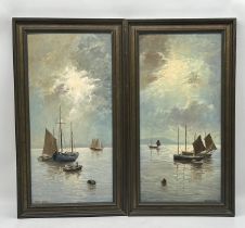 A pair of framed oil on board paintings of vintage nautical scenes by Chris Curtis.