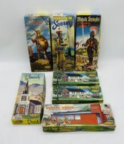 A collection of boxed Aurora plastic assembly kits including The Viking, Black Knight of Nurnberg