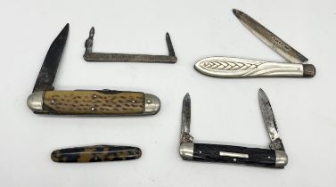 A silver bladed fruit knife with mother of pearl handle along with three penknives etc.