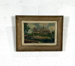 A framed oil on canvas picture of Notre Dame Cathedral dates 1955 with indistinct signature (
