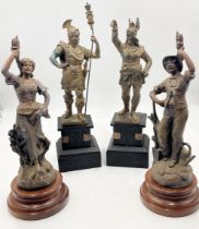 Two pairs of spelter figures, two roman style on plinths (one A/F)