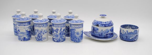 A small quantity of Spode blue and white, including eight lidded herb jars etc.
