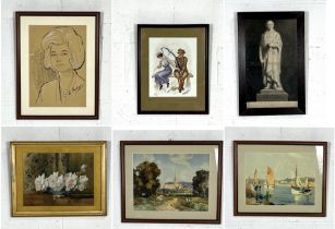 An assortment of framed prints etc and a watercolour signed J. Lee 1918.