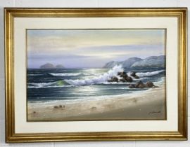 A large oil on canvas of a coastal scene with indistinct signature