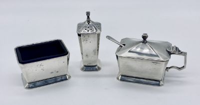 An Art Deco 3 piece hallmarked silver condiment set, Birmingham 1924