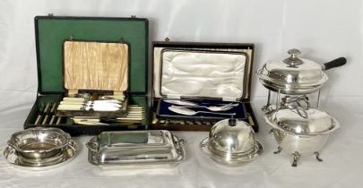 A collection of silver plated items including cased cutlery sets, serving dishes etc.