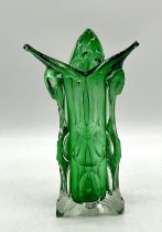 A Czech Karlovarske Sklo (Moser) green vintage glass vase