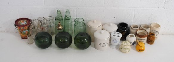 A quantity of various glassware and ceramics, including marmalade jars, a lidded Creme de Savon