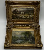 Two reproduction pictures in ornate gilt frames. One depicting a riverside scene, the other a