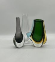 A collection of three art glass vases including Murano angular green glass vase, Nils Landberg