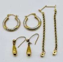 Three pairs of 9ct gold earrings, total weight 1.8g