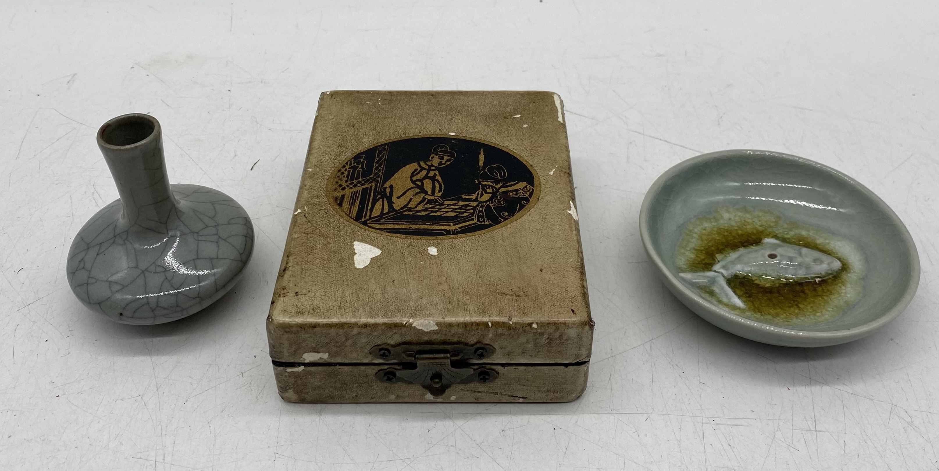 Two miniature pieces of Chinese Celadon pottery along with a Oriental case