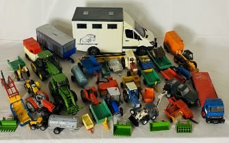 A collection of play worn farming vehicles and machinery (Britains, Siku, Bruder) including