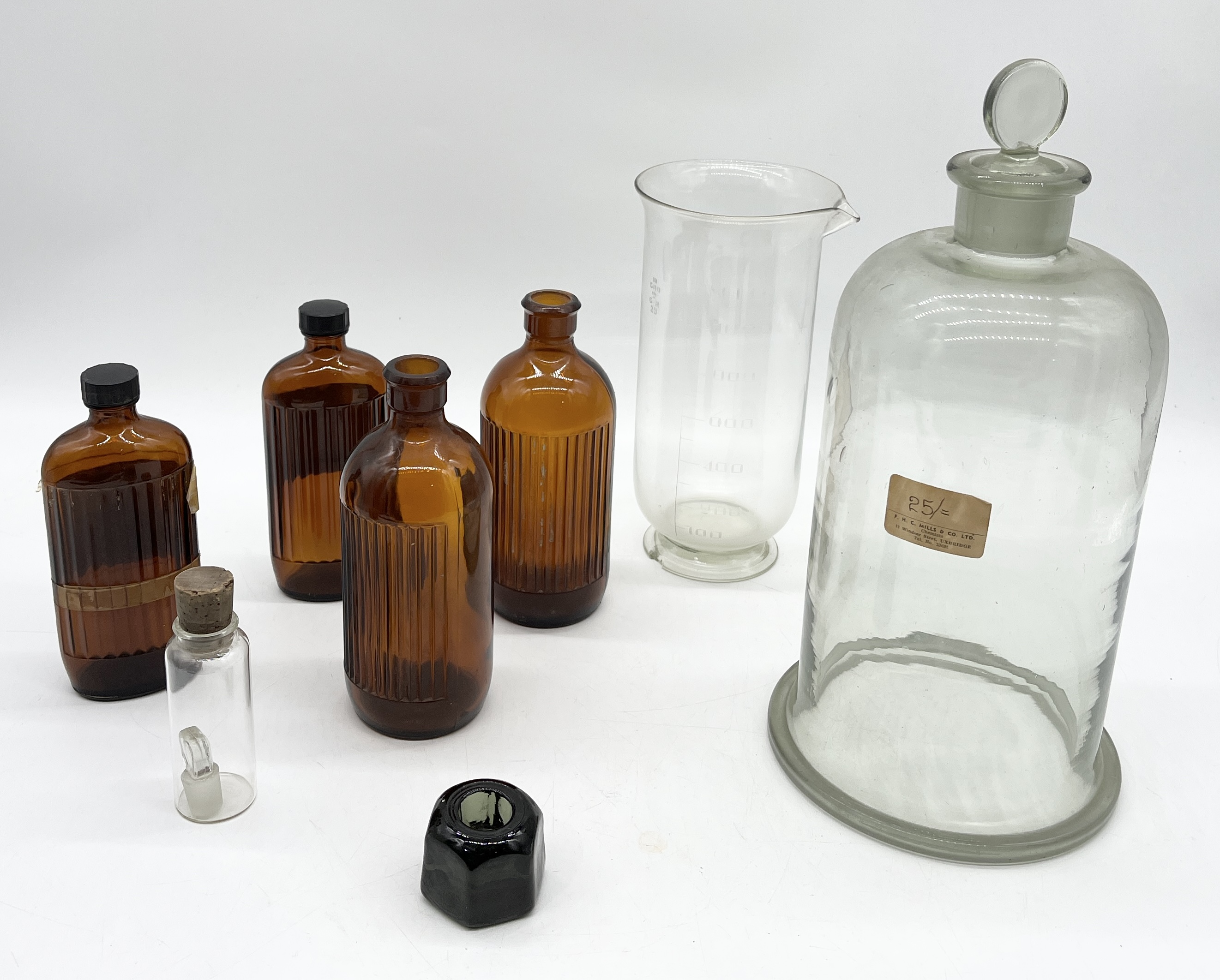A collection of chemists bottles and bell jars along with a small wooden medical cabinet - Image 2 of 4