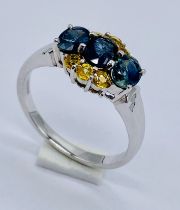 A blue and yellow sapphire cluster ring set in 9ct white gold