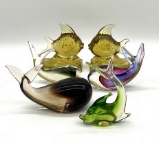 A collection of art glass whales, angel fish etc