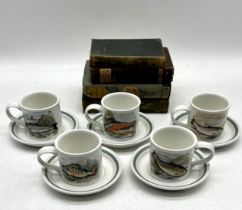 A set of five Portmeirion cups and saucers along with one extra cup, the cups have illustrations