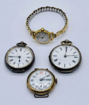 Two continental silver fob watches along with two other watches