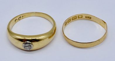 An 18ct gold ring set with an old cut diamond along with an 18ct gold wedding band, total weight 6.