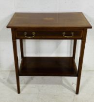 An Edwardian side table with single drawer and inlaid decoration - height 74cm, depth 41cm, width