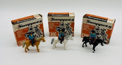 Three boxed Britains Swoppets cowboy model figures including Cowboy On Guard Mounted (637), Cowboy