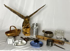 A collection of items including carved eagle, miniature trug, nut crackers, jelly mould etc.