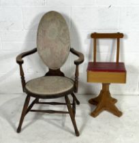 An upholstered carver on splayed legs along with a "Taylors Product" child's vintage swivel chair