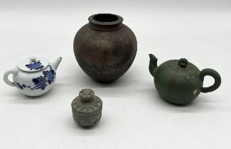 A Chinese Zisha teapot decorated as a watermelon along with a studio pottery vase etc.