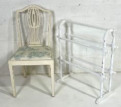 A painted towel rail plus a chair with Toile de Jouy upholstered seat.