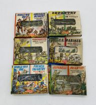 A collection of six boxed Airfix military OO scale plastic figurine pieces including WW1 French
