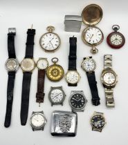 A collection of vintage watches including gold plated pocket watches by Elgin and Waltham etc.