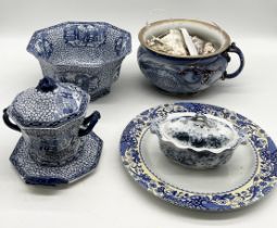 A collection of blue and white china including William Adams, Spode etc.