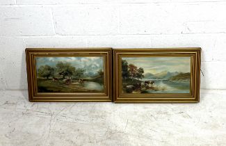A pair of gilt framed oil on canvas paintings. Both signed G.W.G. Overall size 39cm x 62cm. One