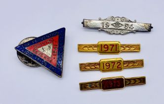 A collection of vintage Safe driving medals with yearly bars dating from 1937-1973. Four silver