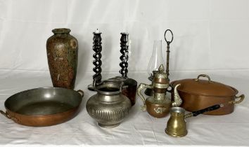 A collection of various items including eastern hanging pot and coffee pot, copper pans, barley