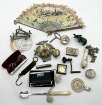 An assortment of items including Chinese fan, Rand opera glasses, AA badge, silver plated pots etc.