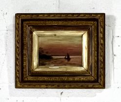 Two gilt framed pictures one depicting a riverside scene the other a yacht moored up by the shore.
