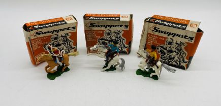 Three boxed Britains Swoppets cowboy model figures including Cowboy Firing Pistol Mounted (641 -