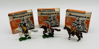 Three boxed Britains Swoppets cowboy model figures including Cowboy Firing Pistol Mounted (641),