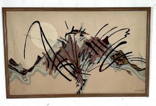 A large 150cm x 93cm framed surrealist print on fabric of a mountain range, signed B Danimow ?