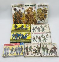 A collection of ten vintage boxed Military Miniatures plastic model kits including Tamiya Russian